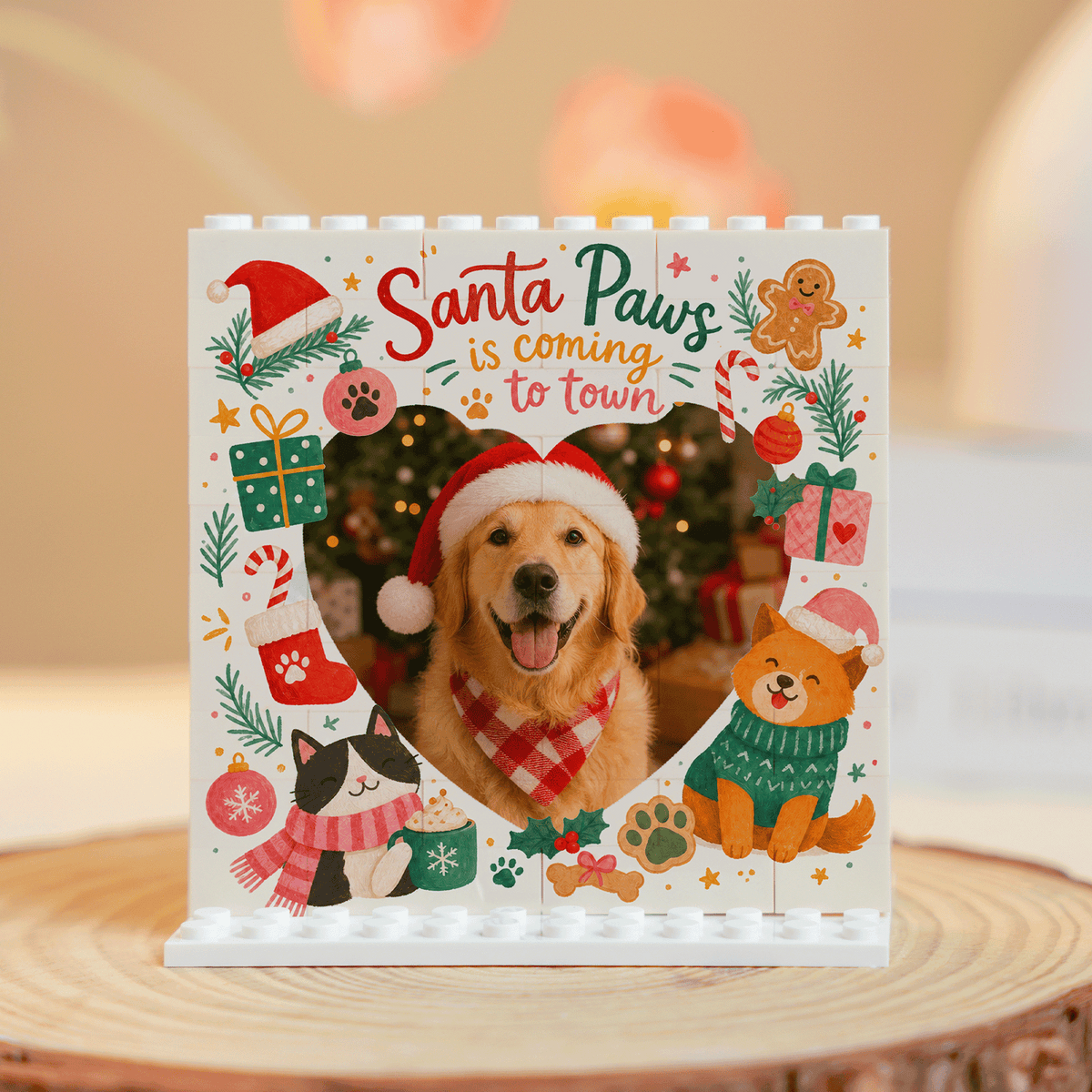 Personalized Photo Christmas Building Block in Cream White, Custom Dog Cat Photo Santa Paws is Coming to Town Cute Pets Brick Puzzle Keepsake Decor, Holiday Gift for Pet Owners