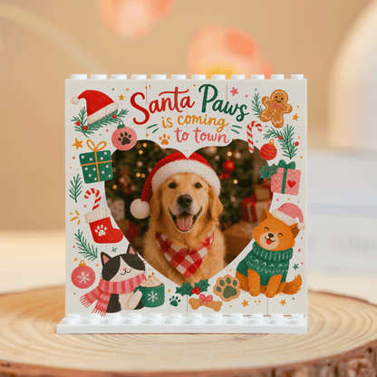 Personalized Photo Christmas Building Block in Cream White, Custom Dog Cat Photo Santa Paws is Coming to Town Cute Pets Brick Puzzle Keepsake Decor, Holiday Gift for Pet Owners