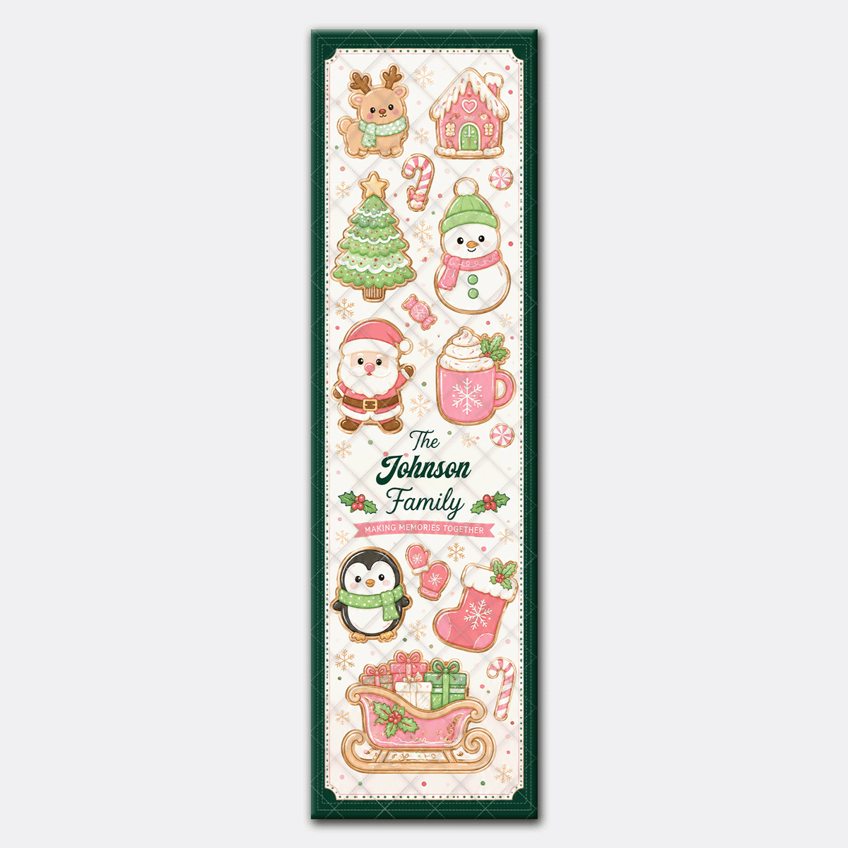 Personalized Pastel Gingerbread Christmas Quilt Table Runner, Custom Family Name Kawaii Holiday Quilted Table Runner & Dining Decor