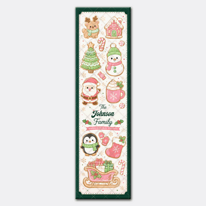 Personalized Pastel Gingerbread Christmas Quilt Table Runner, Custom Family Name Kawaii Holiday Quilted Table Runner & Dining Decor