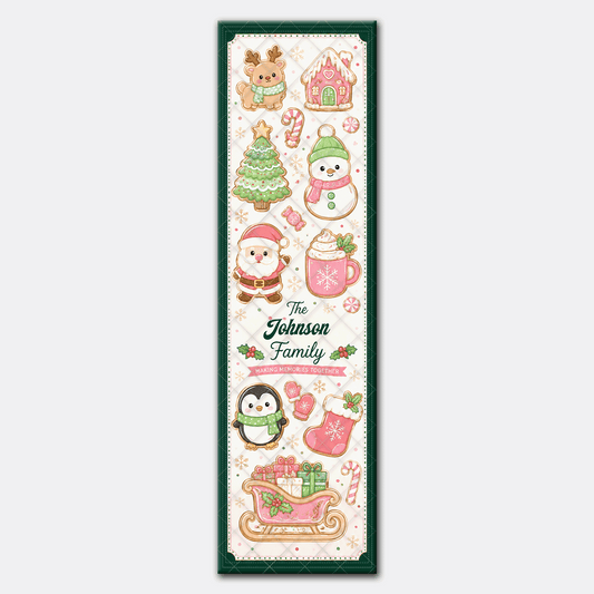 Full length pastel gingerbread runner design with pink sleigh, cocoa mug, stocking and green border
