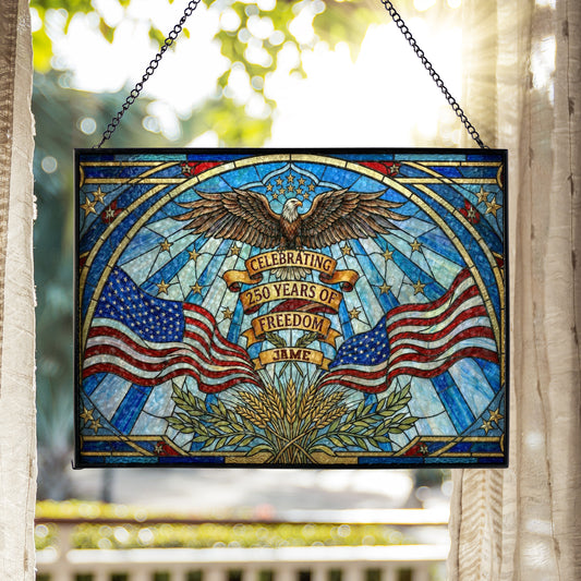 Personalized USA 250 Years of Freedom Stained Glass Suncatcher Patriotic Window Hanging Decor