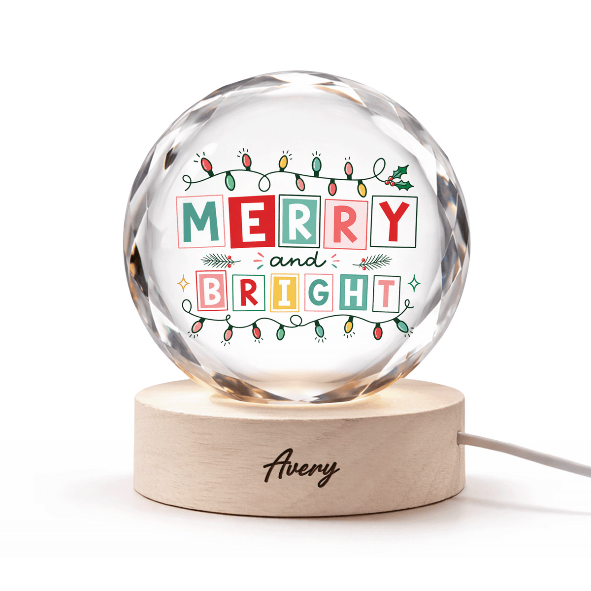 Custom Merry And Bright Festive Lights 3D Laser Engraved Crystal Ball with LED Wooden Standee, Personalized Name Holiday Night Light Keepsake