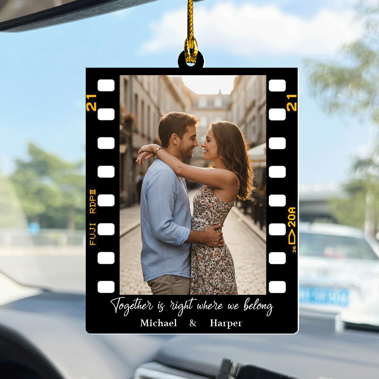 Our Story in Every Mile – Sentimental Car Gift for Couples – Personalized Film Scroll Shape Car Ornament