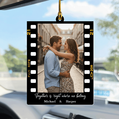 Our Story in Every Mile – Sentimental Car Gift for Couples – Personalized Film Scroll Shape Car Ornament