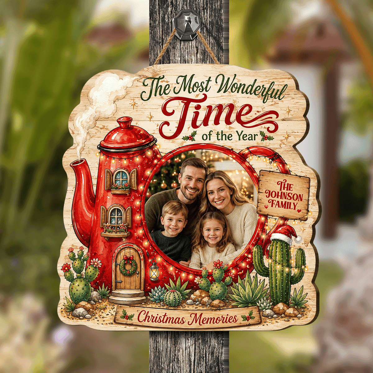 Personalized Christmas Teapot House Photo Custom Shape Wood Sign, Custom Family Picture Name The Most Wonderful Time Of The Year Wooden Hanging Plaque, Holiday Door & Wall Decor Family Gift