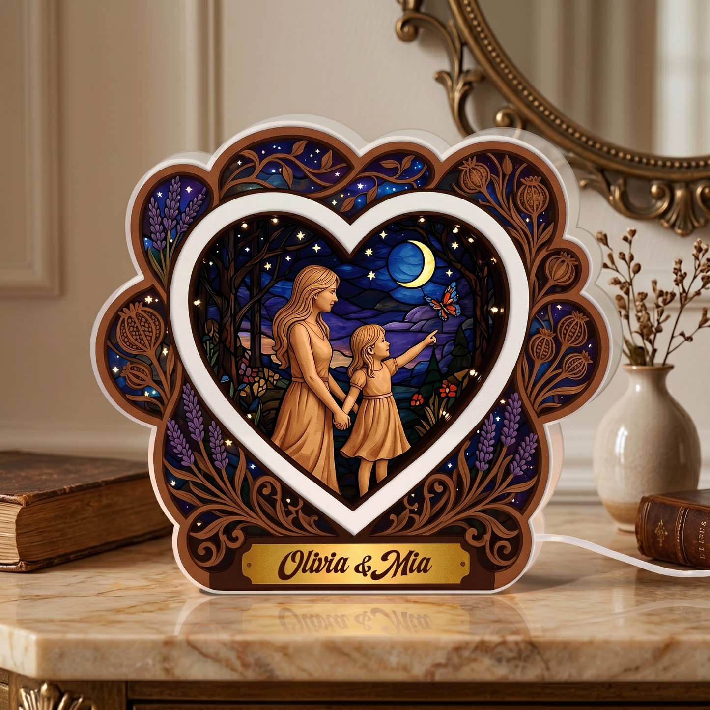 Personalized Acrylic Night Light for Mom and Child – Custom Mother Baby LED Lamp, Nursery Bedside Light