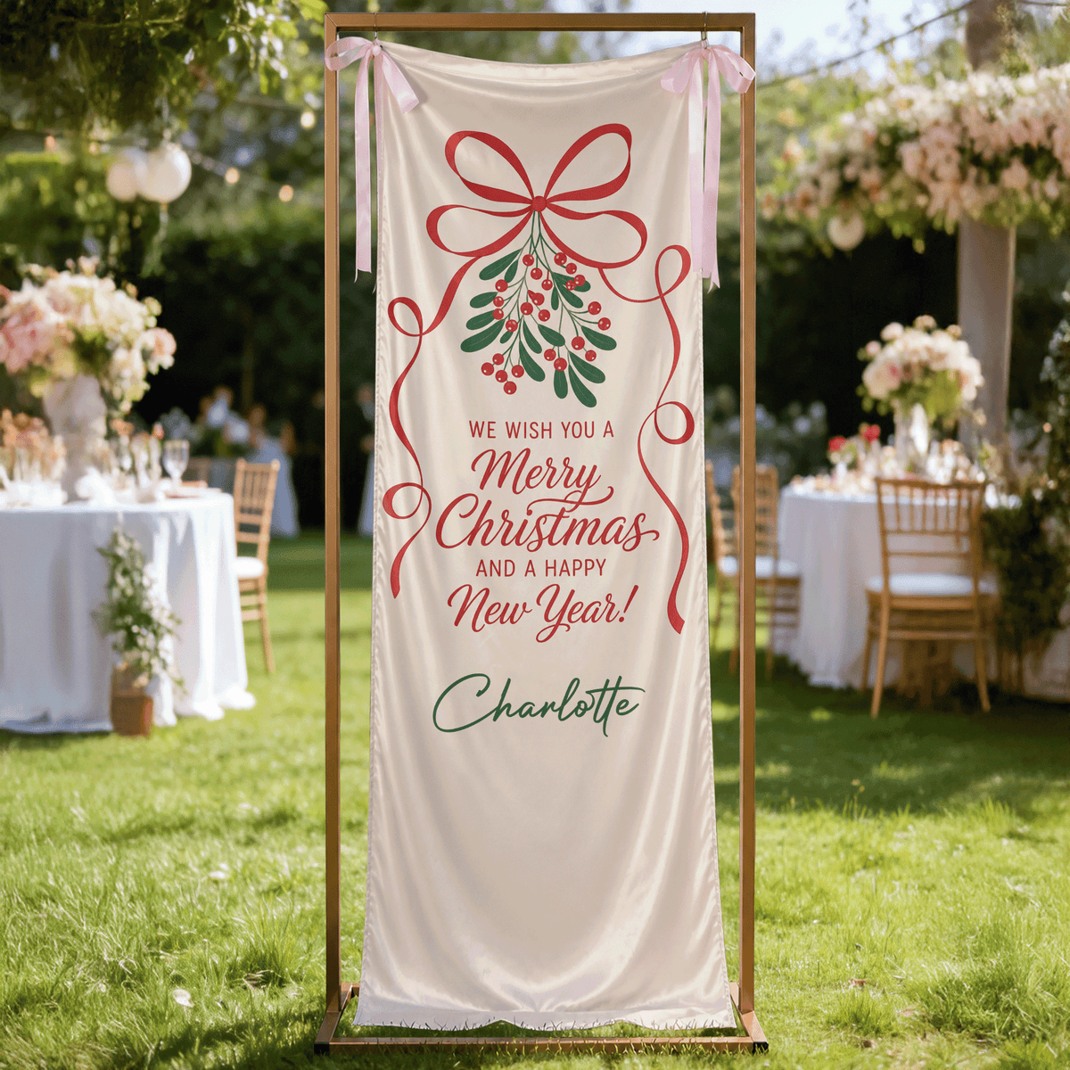 Custom Mistletoe Merry Christmas Fabric Welcome Banner, Personalized Name Holiday Event Entrance Hanging Sign with Ribbon, Classic Red Ribbon New Year Party Decor