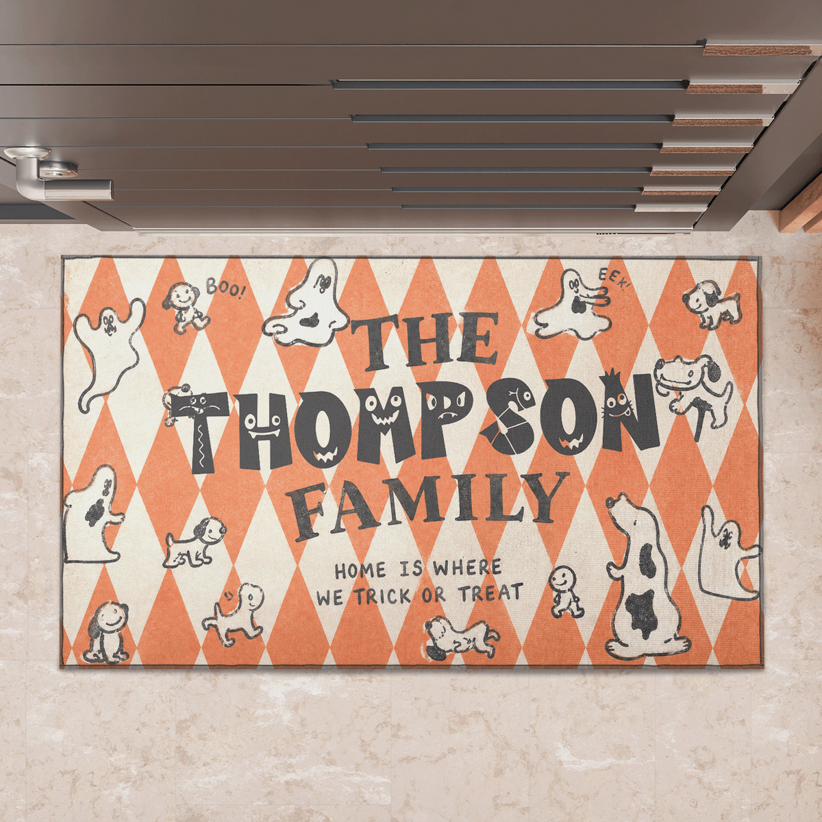 Personalized Halloween Home Is Where We Trick Or Treat Ghost Dog Doormat Custom Family Name Entrance Floor Mat