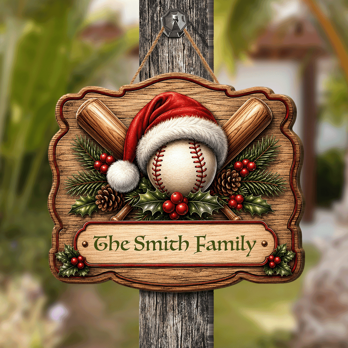 Personalized Christmas Baseball Santa Hat Custom Shape Wood Sign, Custom Family Name Crossed Baseball Bats Wooden Hanging Plaque, Sports Lover Holiday Door & Wall Decor Family Gift