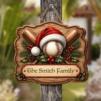 Personalized Christmas Baseball Santa Hat Custom Shape Wood Sign, Custom Family Name Crossed Baseball Bats Wooden Hanging Plaque, Sports Lover Holiday Door & Wall Decor Family Gift