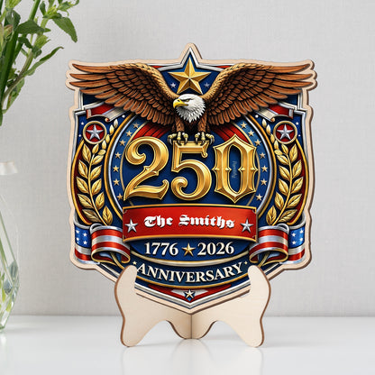 Personalized USA 250th Anniversary 2-Layer Wood Sign – Patriotic Eagle Emblem 1776–2026 Custom Family Name Door Decor