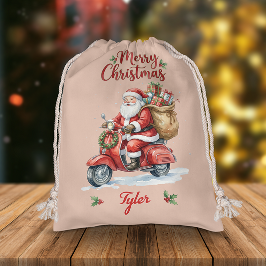 Personalized Cute Santa on Scooter Christmas Sack with Custom Name