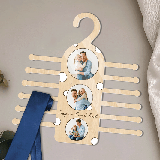 Personalized “Super Cool Dad” Tie Hanger – Custom Photo Wooden Organizer Gift