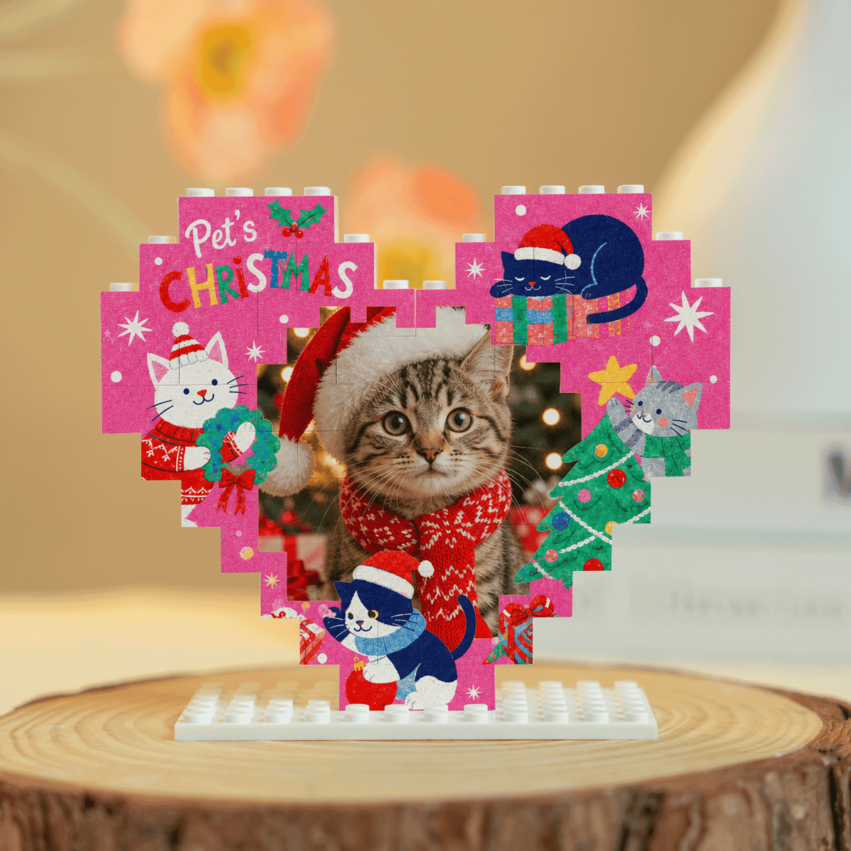 Personalized Photo Christmas Building Block Heart Shape in Magenta Pink, Custom Cat Photo Pet's Christmas Cute Kittens & Christmas Tree Brick Puzzle Keepsake Decor, Holiday Gift for Cat Lovers