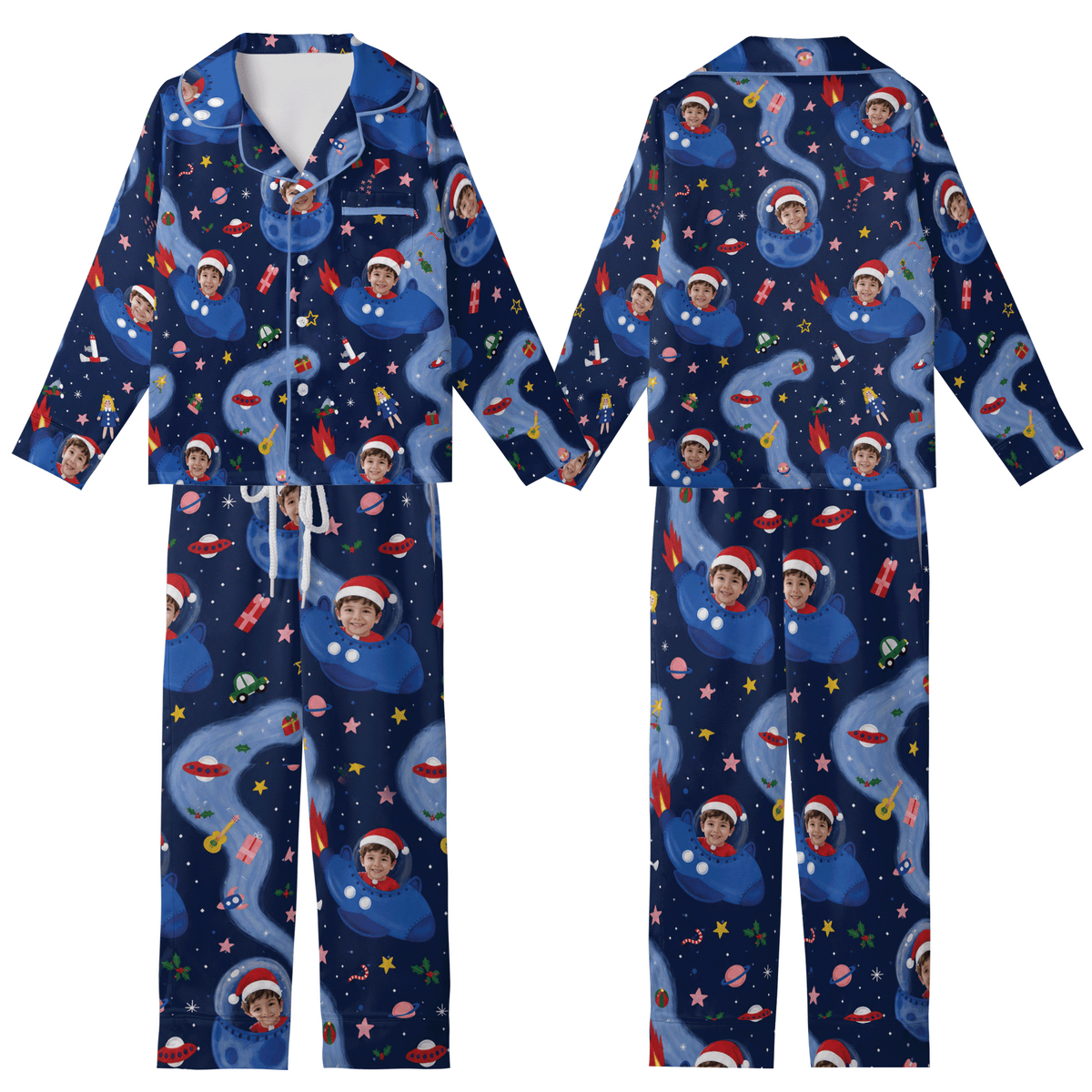 Custom Face Photo Christmas Outer Space Rocket Ship Personalized Kid Pajamas Set Blue Satin Long Sleeve Button Up Holiday Sleepwear Nightwear Lounge Set