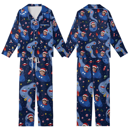 Custom Face Photo Christmas Outer Space Rocket Ship Personalized Kid Pajamas Set Blue Satin Long Sleeve Button Up Holiday Sleepwear Nightwear Lounge Set