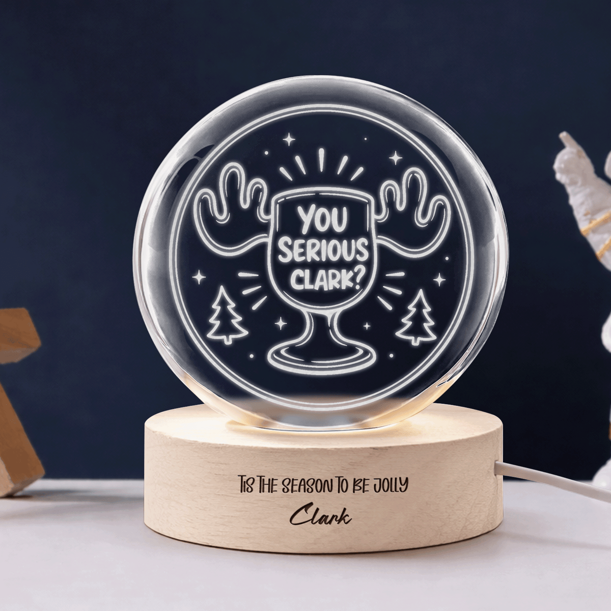 Custom You Serious Clark Eggnog Mug 3D Laser Engraved Crystal Ball with LED Wooden Standee, Personalized Name Holiday Night Light Keepsake