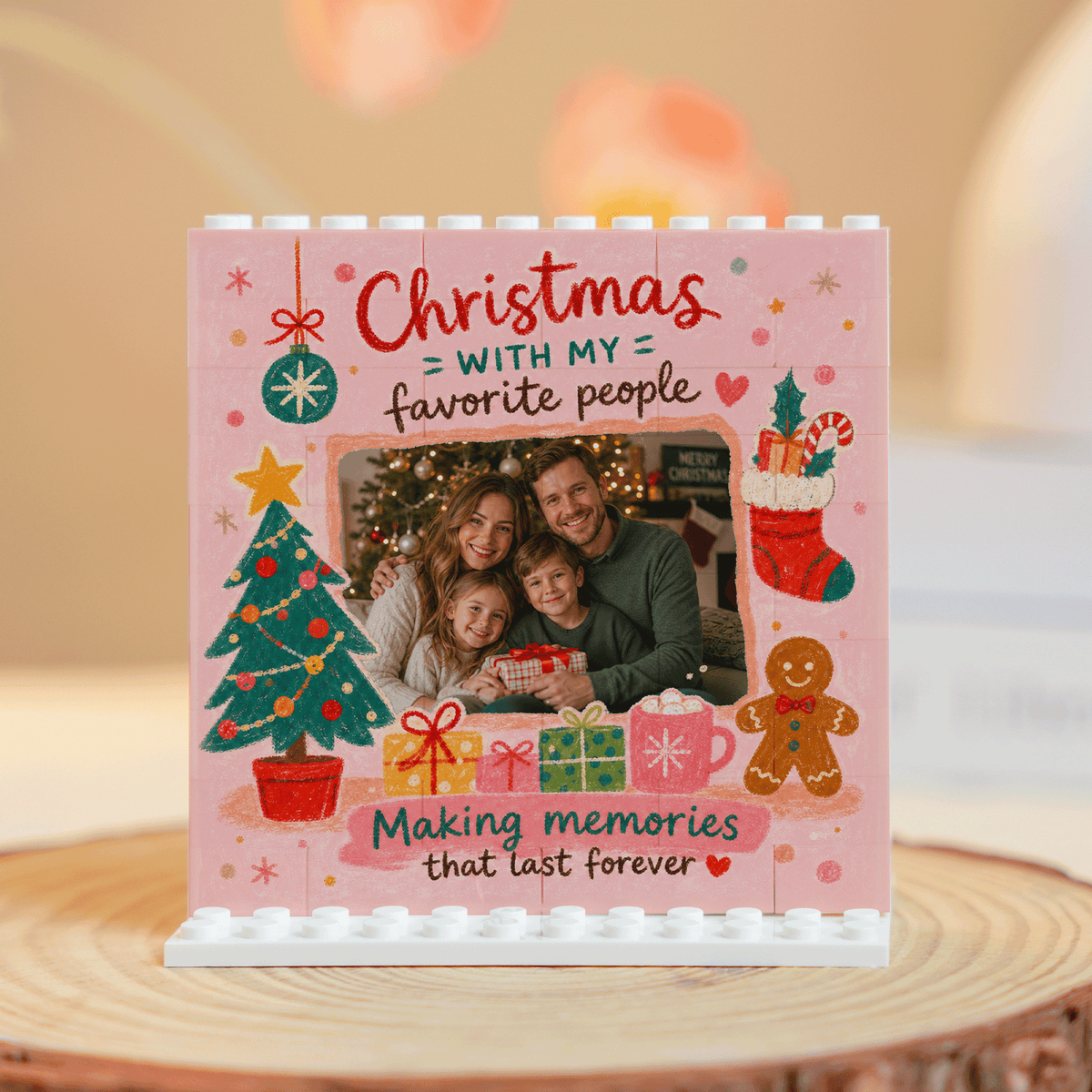 Personalized Photo Christmas Building Block in Soft Pink, Custom Family Picture Gingerbread Man & Holiday Stocking Brick Puzzle Keepsake Decor, Festive Holiday Desk Gift