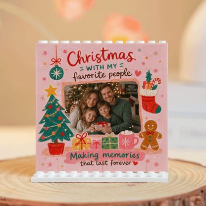 Personalized Photo Christmas Building Block in Soft Pink, Custom Family Picture Gingerbread Man & Holiday Stocking Brick Puzzle Keepsake Decor, Festive Holiday Desk Gift