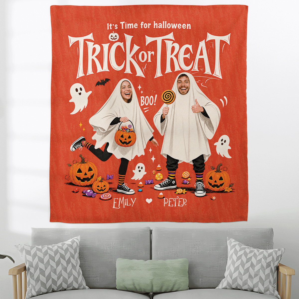 Personalized Custom Photo Ghost Trick Or Treat Tapestry Wall Hanging Couple Name Seasonal Backdrop