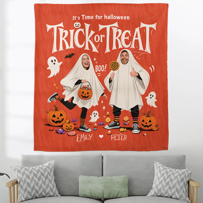 Personalized Custom Photo Ghost Trick Or Treat Tapestry Wall Hanging Couple Name Seasonal Backdrop