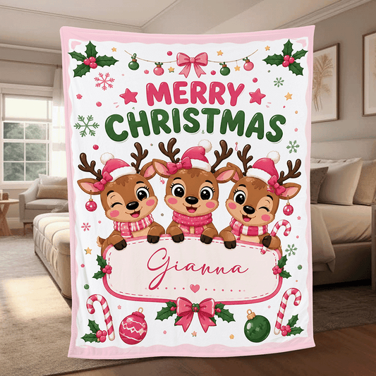 Personalized Cute Reindeer Christmas Blanket, Custom Name Pink Holiday Fleece Blanket for Kids Girls, Cozy Xmas Throw Keepsake Gift