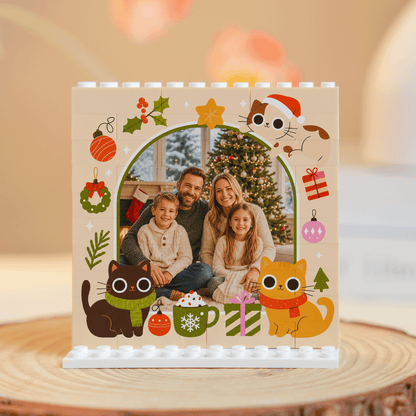 Personalized Photo Christmas Building Block in Cream, Custom Family Name Pine Wreath & Santa Brick Puzzle Keepsake Decor, Festive Holiday Desk Gift