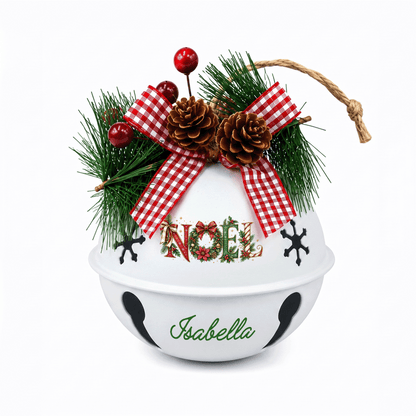 Personalized NOEL Floral White Jingle Bell Ornament, Custom Name Festive Wreath Christmas Tree Decor, Rustic Metal Bell with Bow & Pinecone Accents