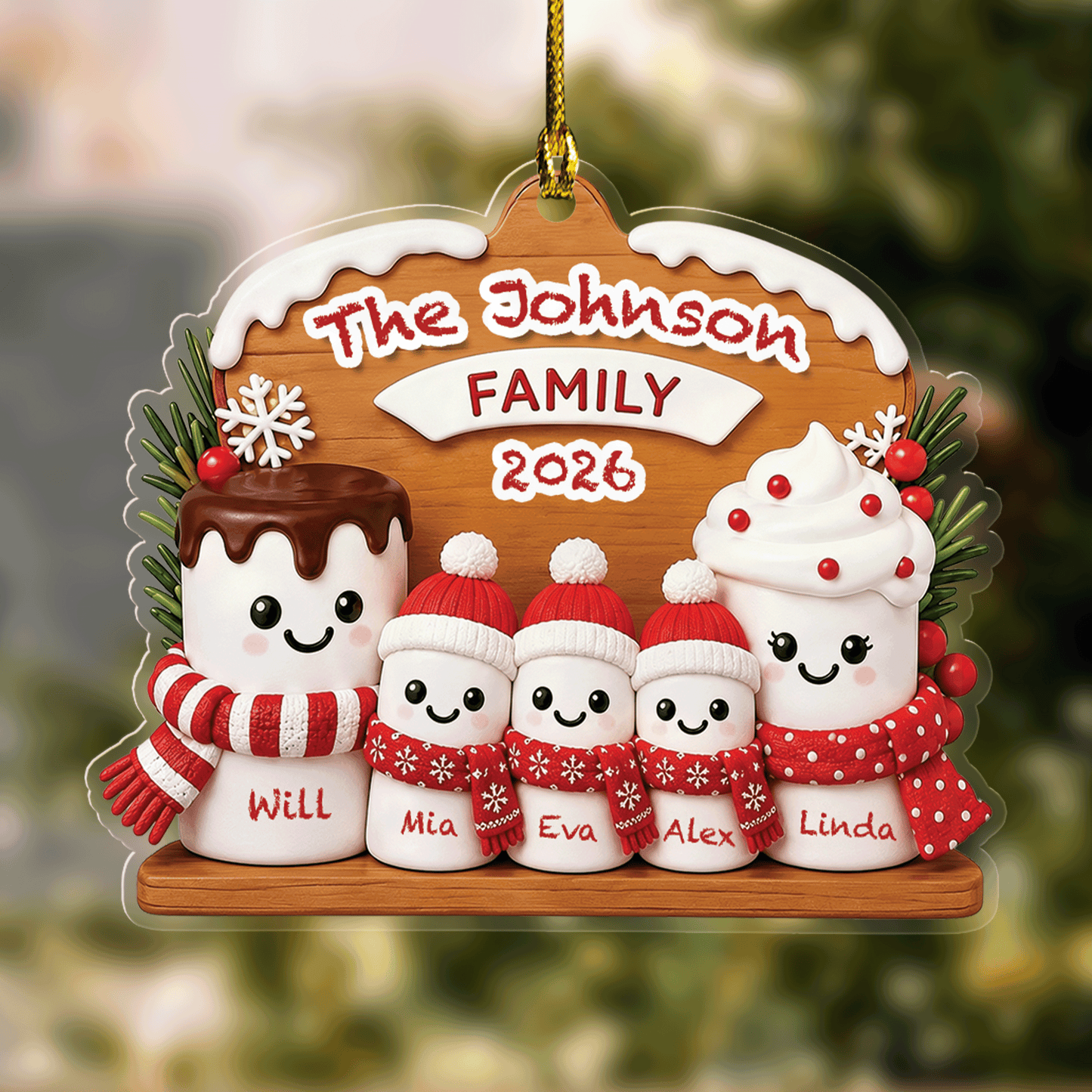Personalized Marshmallow Family Acrylic Christmas Ornament, Custom Name Holiday Gift