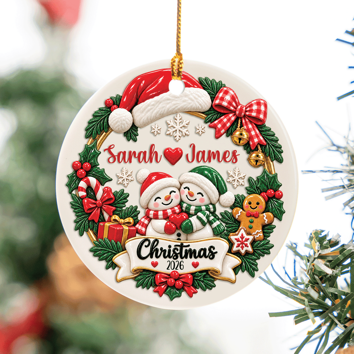 Personalized Couple Snowman Wreath Christmas Ceramic Ornament, Custom Name Year Xmas Tree Hanging Decor Keepsake, Romantic Couple Holiday Gift