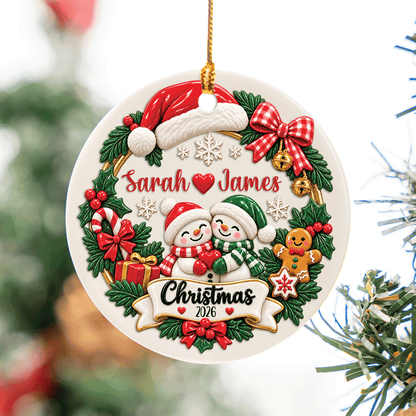 Personalized Couple Snowman Wreath Christmas Ceramic Ornament, Custom Name Year Xmas Tree Hanging Decor Keepsake, Romantic Couple Holiday Gift