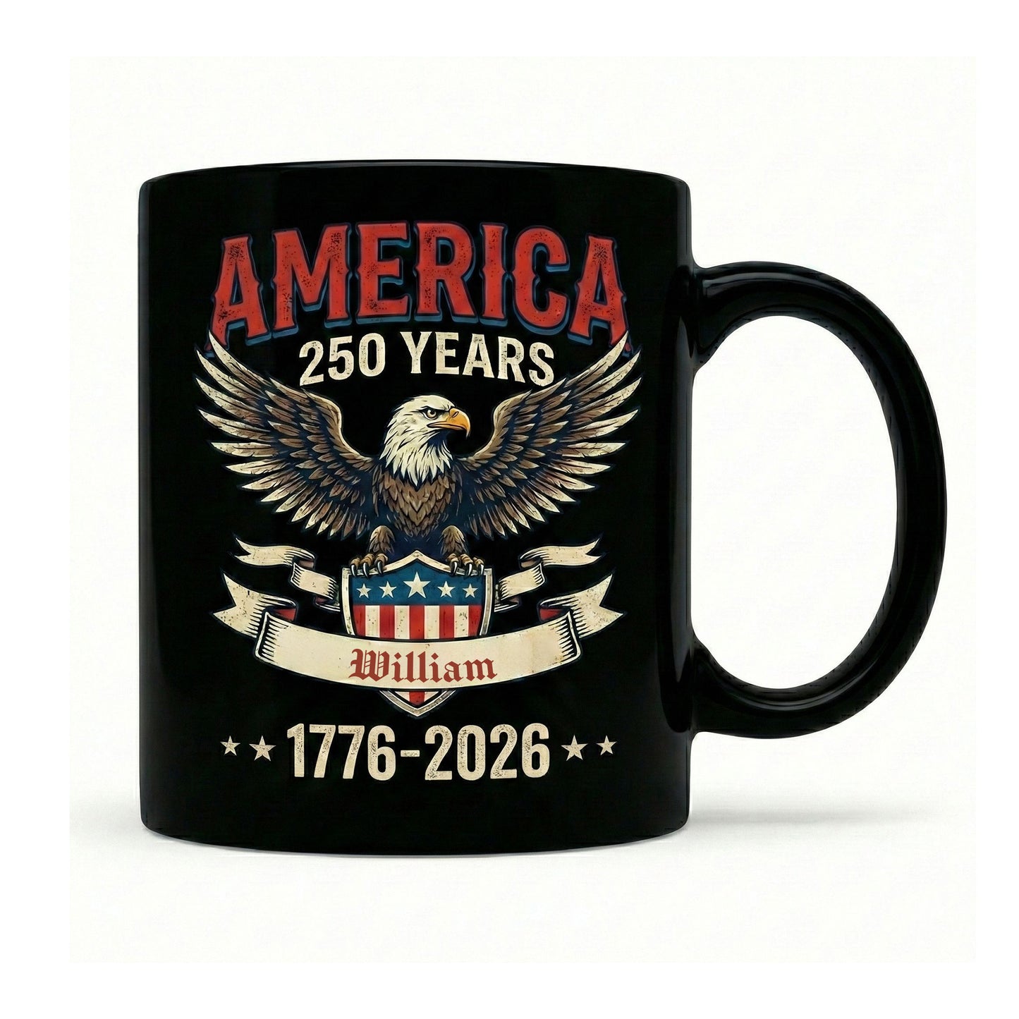 America 250 Years Patriotic Eagle Personalized Black Mug – USA 1776-2026 Independence Anniversary Mug