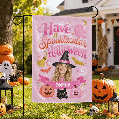 Personalized Spooktacular Custom Photo Witch Hat Ghost Pumpkin Double Sided Outdoor Garden Flag Custom Name Yard Banner