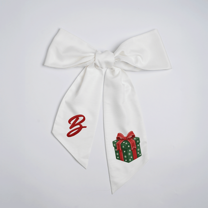 Custom Letter Red Bow Green Gift Box Embroidered Linen Wreath Sash, Personalized Monogram Holiday Bow Sash for Door Decor