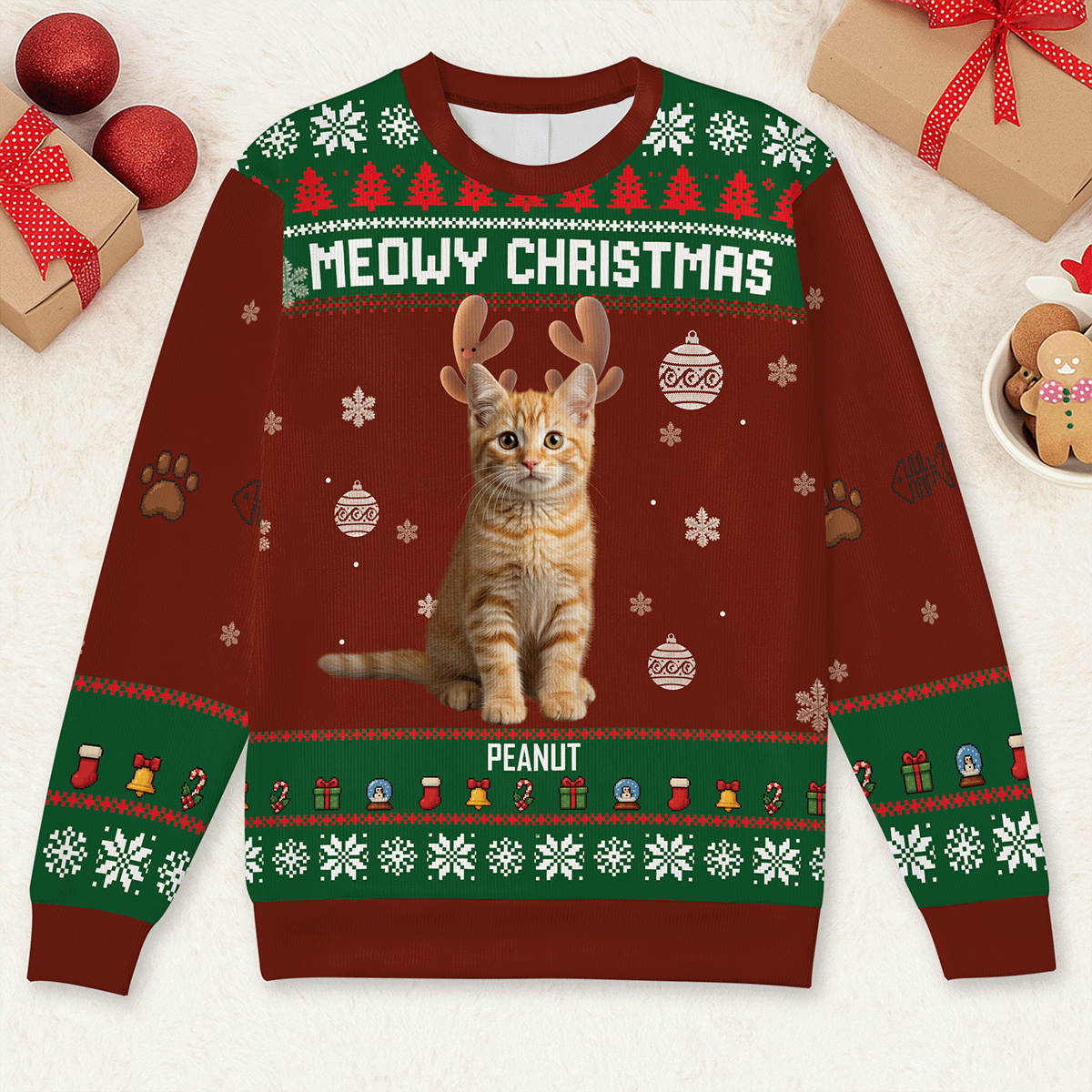 Meowy Christmas Cat Lover Sweater – Personalized Unisex Ugly Holiday Sweater