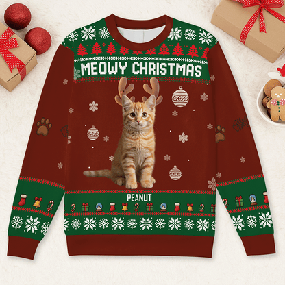 Meowy Christmas Cat Lover Sweater – Personalized Unisex Ugly Holiday Sweater