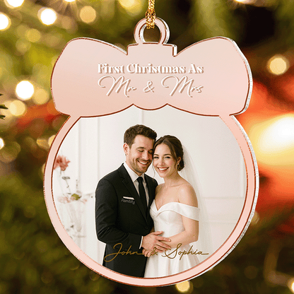 Personalized First Christmas Married Couple Mirrored Acrylic Ornament - Custom Wedding Photo Gift