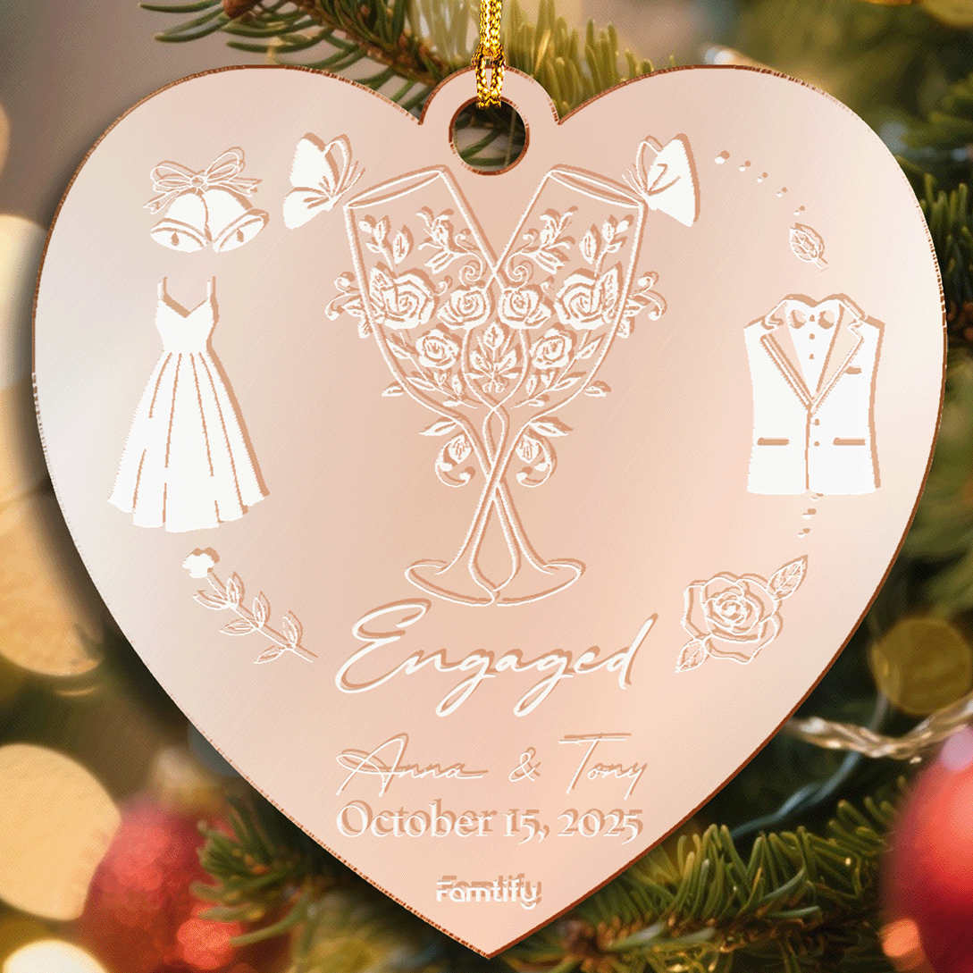 Personalized Mirrored Acrylic Heart Shape Ornament With Engagement Date