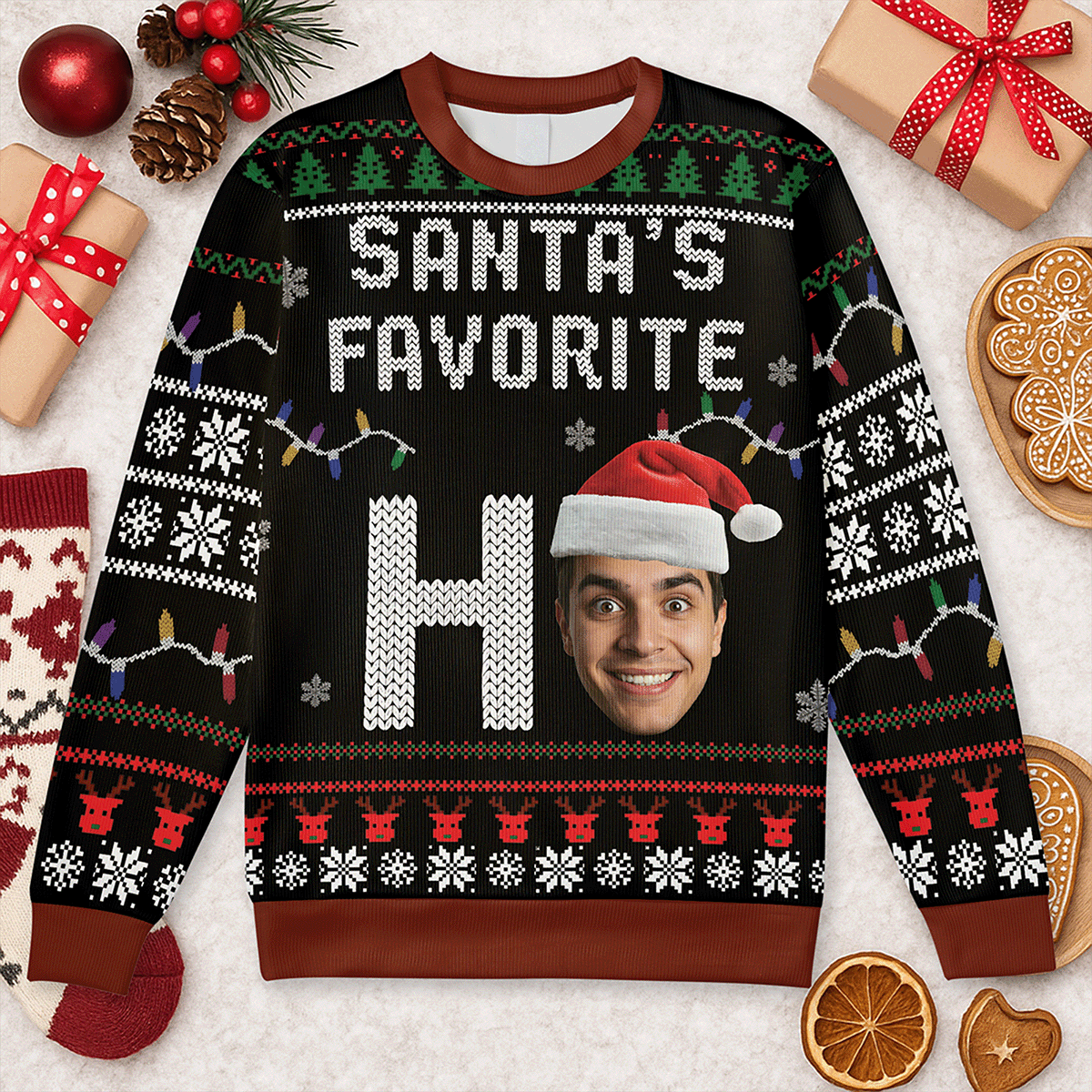 Santa’s Favorite Ho Sweater – Custom Face Funny Christmas Ugly Sweater for Family