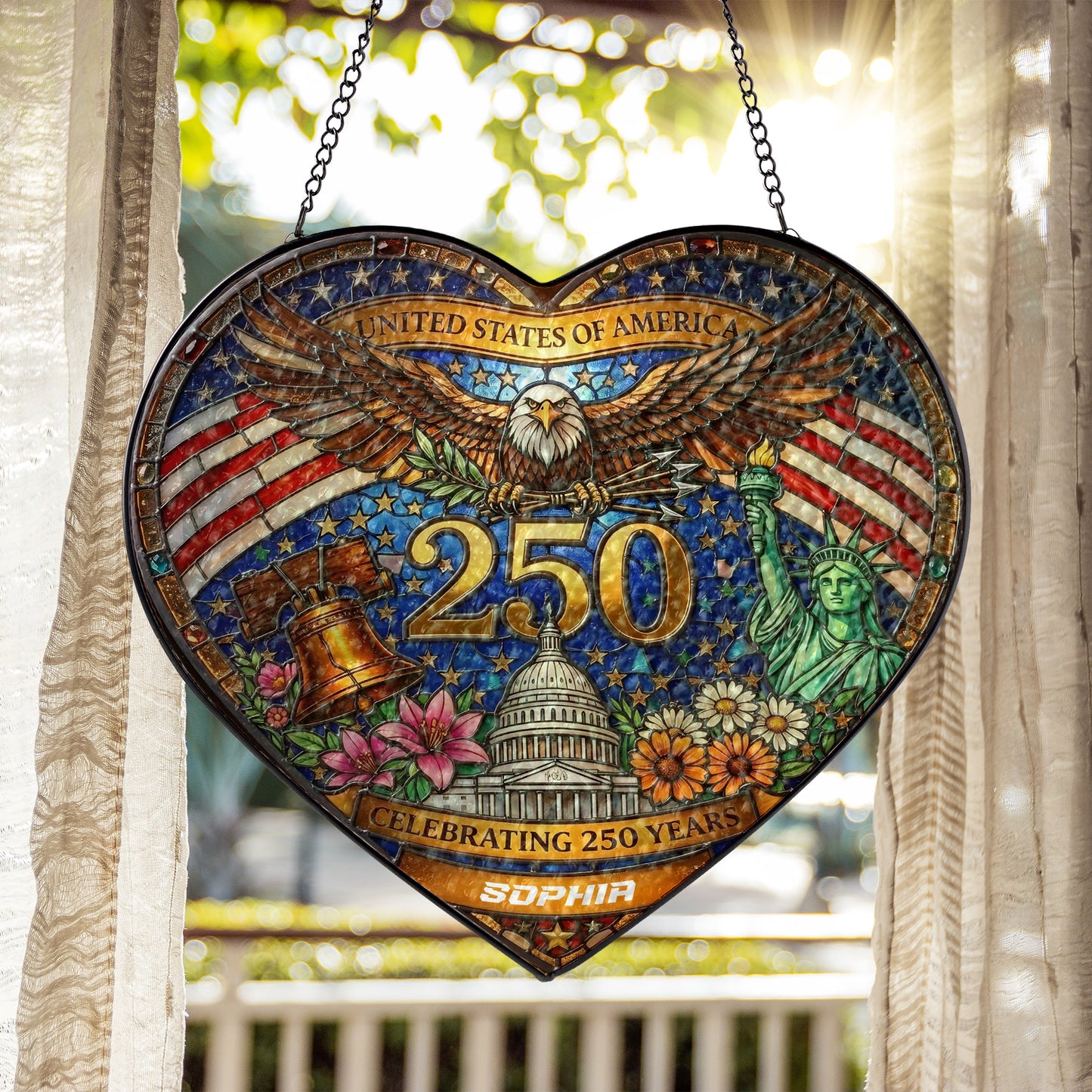 Personalized USA 250 Years Heart Stained Glass Suncatcher – Patriotic Eagle & Liberty Window Hanging 1776–2026