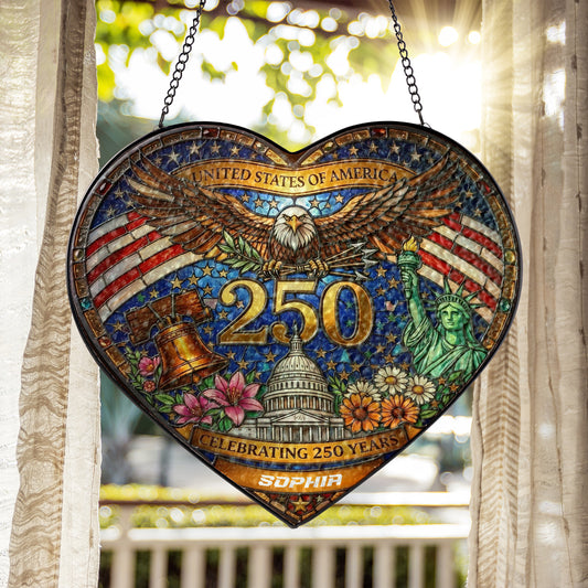 Personalized USA 250 Years Heart Stained Glass Suncatcher – Patriotic Eagle & Liberty Window Hanging 1776–2026