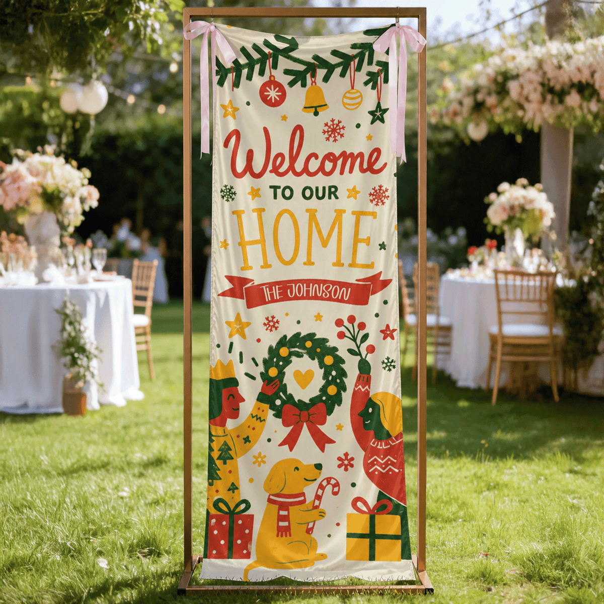 Festive Mid-Century Family Dog Christmas Fabric Welcome Banner, Personalized Family Name Home Entrance Hanging Sign with Ribbon Ties, Cute Dog & Wreath Xmas Party Decor