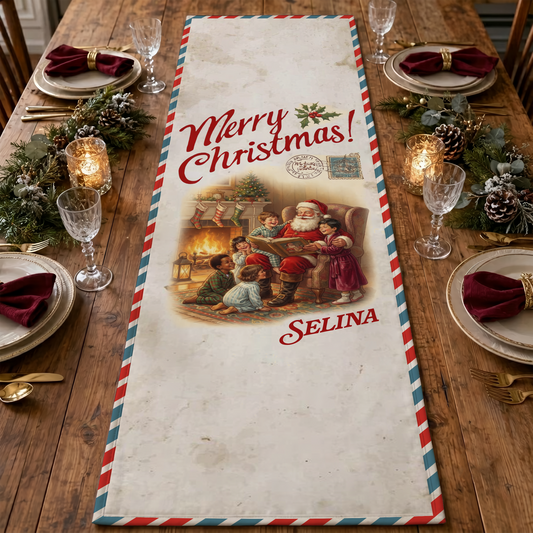 Airmail envelope style table runner with Merry Christmas, vintage Santa reading a storybook to children and custom name