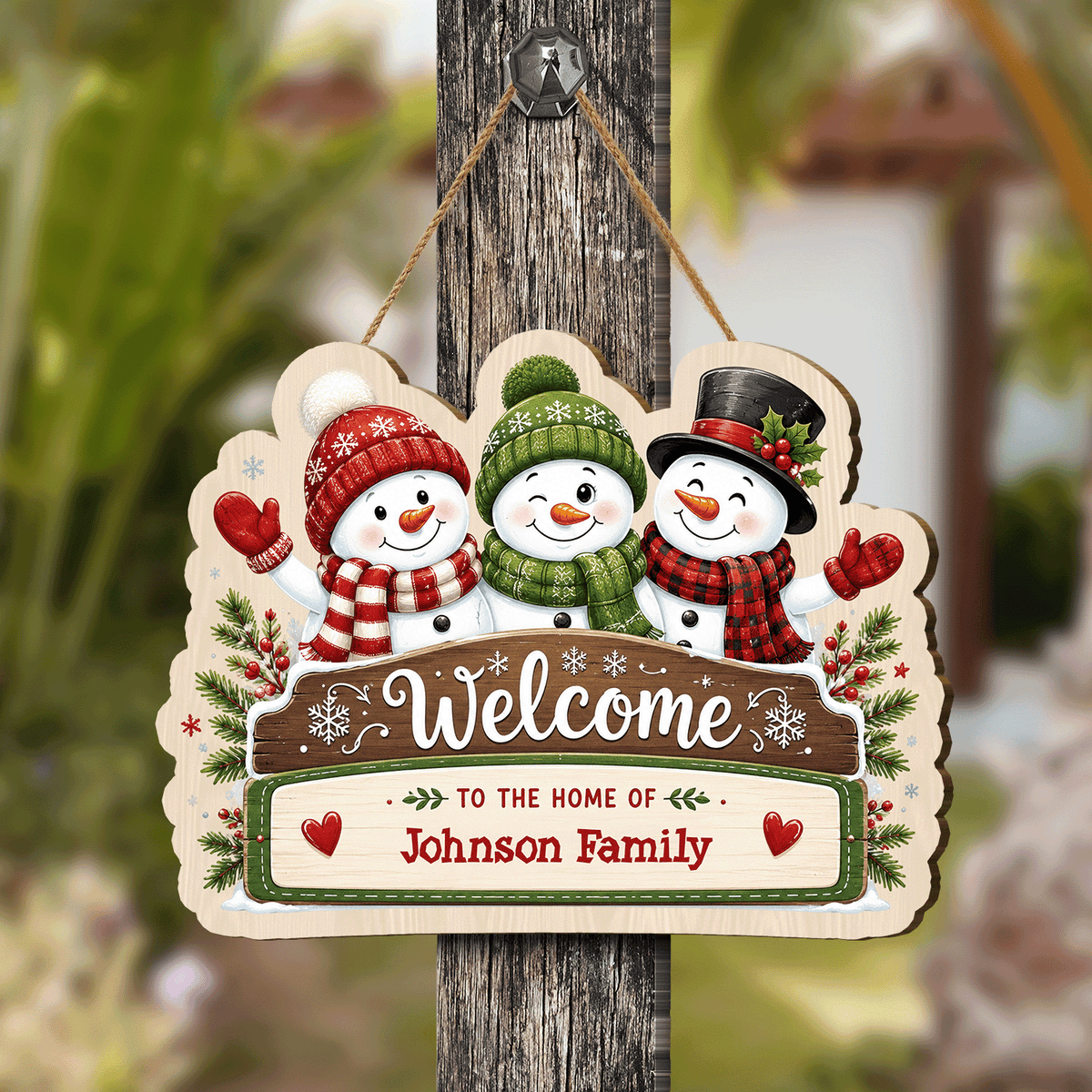 Personalized Snowman Family Welcome Custom Shape Wood Sign, Cute Christmas Door Hanger Custom Family Name Welcome To The Home Of Hanging Wooden Plaque, Holiday Wall Decor & Family Gift