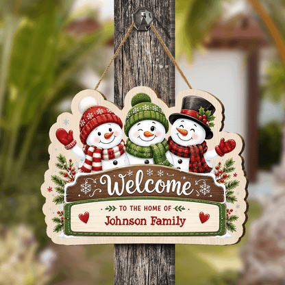 Personalized Snowman Family Welcome Custom Shape Wood Sign, Cute Christmas Door Hanger Custom Family Name Welcome To The Home Of Hanging Wooden Plaque, Holiday Wall Decor & Family Gift