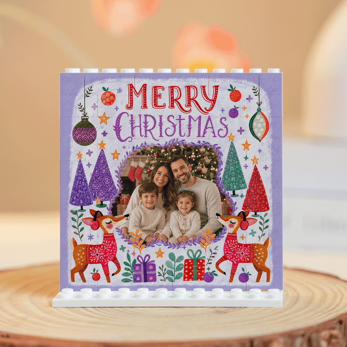 Personalized Photo Christmas Building Block in Soft Purple, Custom Family Picture Reindeer & Winter Forest "Merry Christmas" Brick Puzzle Keepsake Decor, Festive Holiday Desk Gift