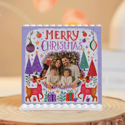 Personalized Photo Christmas Building Block in Soft Purple, Custom Family Picture Reindeer & Winter Forest "Merry Christmas" Brick Puzzle Keepsake Decor, Festive Holiday Desk Gift