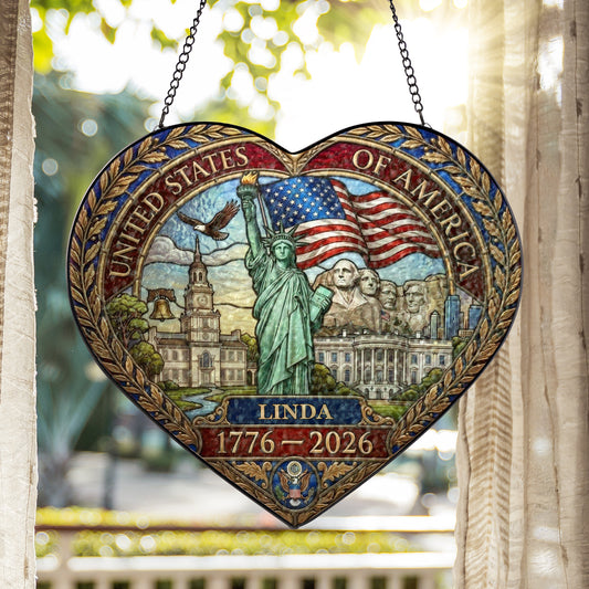 Personalized USA 250th Anniversary Heart Stained Glass Suncatcher Statue of Liberty Window Decor