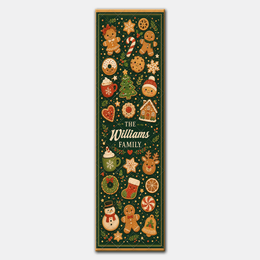 Full length dark green gingerbread bakery runner design with iced cookies, donuts, cocoa and script family name